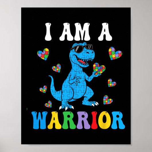 Dinosaur T-rex Kinder Ik ben een Strijder Autisme Poster (Voorkant)