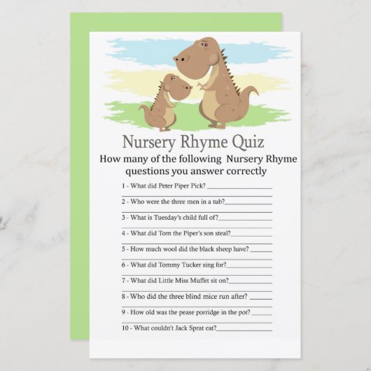 Dinosaur T-rex Nursery Rhyme Quiz baby shower game (Voorkant / Achterkant)