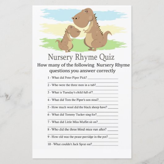 Dinosaur T-rex Nursery Rhyme Quiz baby shower game (Voorkant)