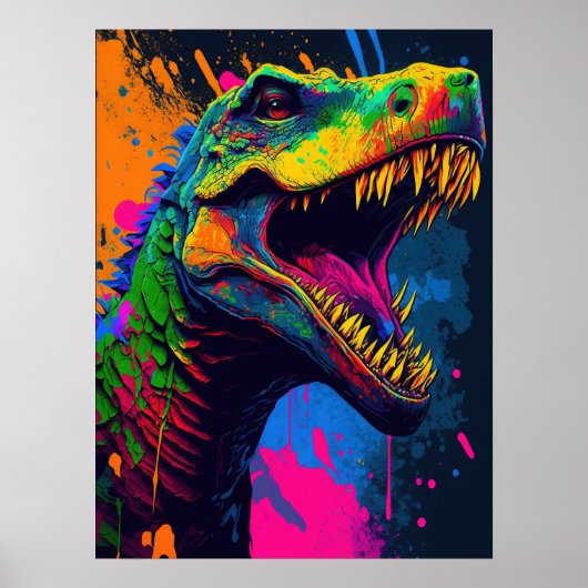 Dinosaur T Rex Oranje blauw Poster (Voorkant)