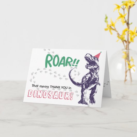 Dinosaur T-Rex Party Pet Roze & Paars Dank u wel Kaart (Gele Bloem)