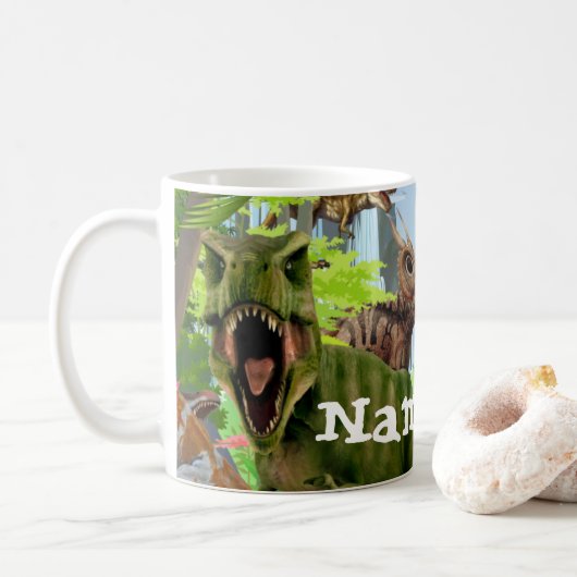 Dinosaur T Rex Personalized Coffee Mok, Cup Koffiemok (Met donut)