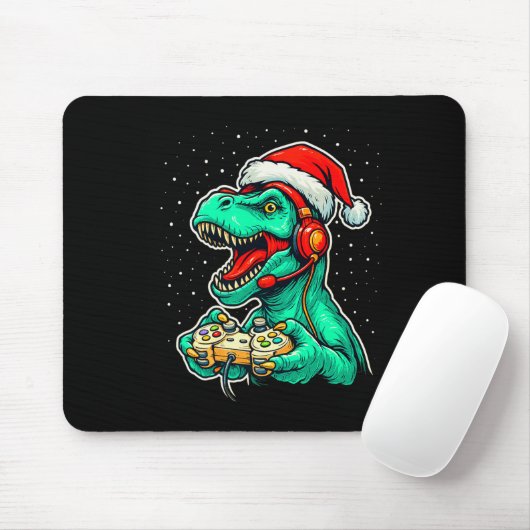 Dinosaur T Rex Playing Video Game Santa Hat Christ Muismat (Met muis)