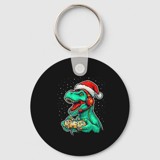 Dinosaur T Rex Playing Video Game Santa Hat Christ Sleutelhanger (Voorkant)