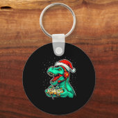 Dinosaur T Rex Playing Video Game Santa Hat Christ Sleutelhanger (Voorkant)