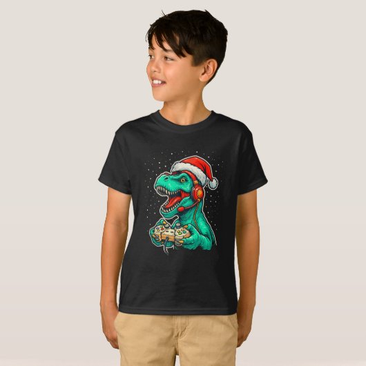 Dinosaur T Rex Playing Video Game Santa Hat Christ T-shirt (Voorkant volledig)