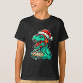 Dinosaur T Rex Playing Video Game Santa Hat Christ T-shirt (Voorkant)