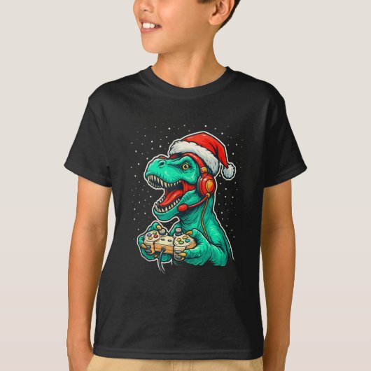 Dinosaur T Rex Playing Video Game Santa Hat Christ T-shirt (Voorkant)