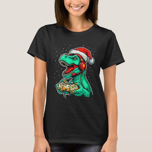 Dinosaur T Rex Playing Video Game Santa Hat Christ T-shirt (Voorkant)