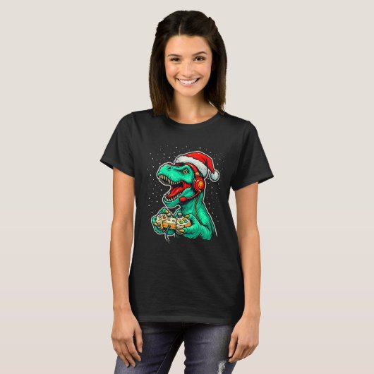 Dinosaur T Rex Playing Video Game Santa Hat Christ T-shirt (Voorkant volledig)