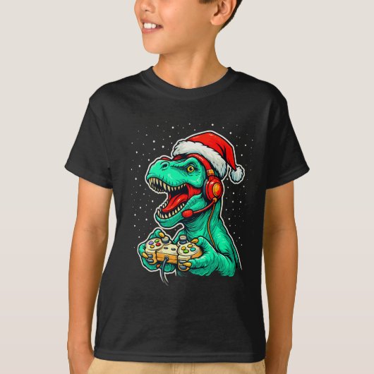 Dinosaur T Rex Playing Video Game Santa Hat Christ T-shirt (Voorkant)