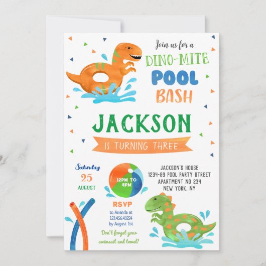 Dinosaur T-rex Pool Party Birthday Invitations Save The Date (Voorkant)