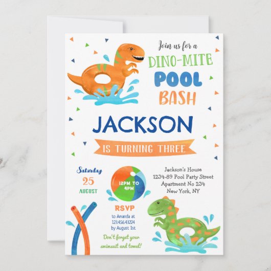 Dinosaur T-rex Pool Party Birthday Invitations Save The Date (Voorkant)