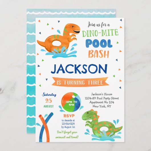 Dinosaur T-rex Pool Party Birthday Invitations Save The Date (Voorkant / Achterkant)
