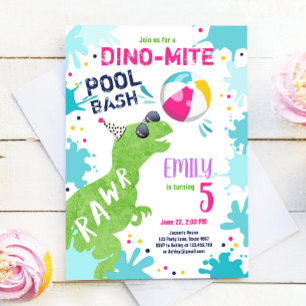 Dinosaur T-Rex Pool Party Girl Pink Birthday Kaart