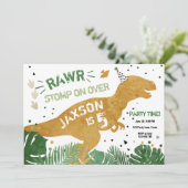 Dinosaur T-Rex RAWR Gold Green Dino Boy Birthday Kaart (Staand voorkant)