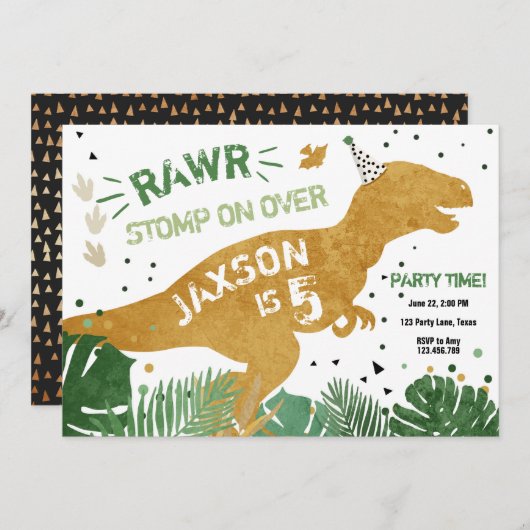 Dinosaur T-Rex RAWR Gold Green Dino Boy Birthday Kaart (Voorkant / Achterkant)