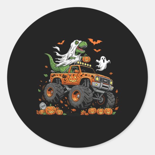 Dinosaur T-rex Riding Monster Truck Halloween Mann Ronde Sticker (Voorkant)
