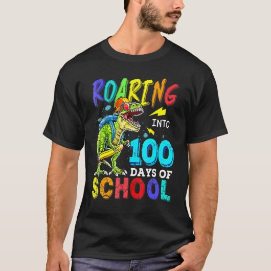 Dinosaur T Rex Roaring Into 100 Days Of School Tea T-shirt (Voorkant)