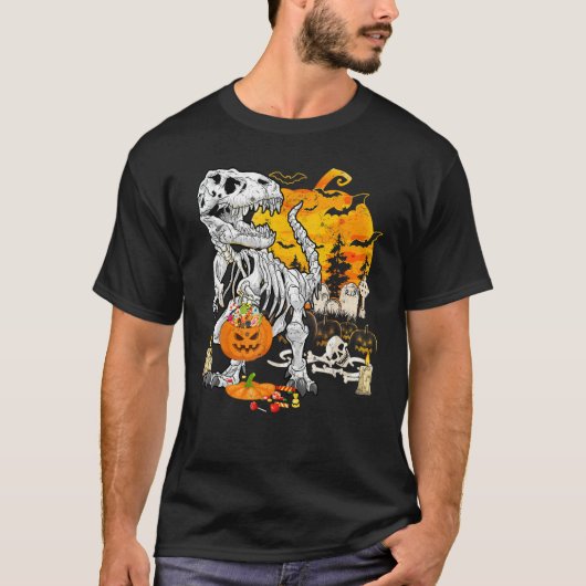 Dinosaur T Rex Skeleton Pumpkin Funny Halloween Co T-shirt (Voorkant)