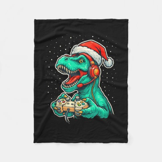 Dinosaur T Rex speelt videogame Santa Hat Christ Fleece Deken (Voorkant)
