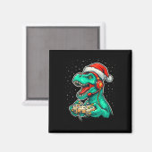 Dinosaur T Rex speelt videogame Santa Hat Christ Magneet (Voorkant / Achterkant)