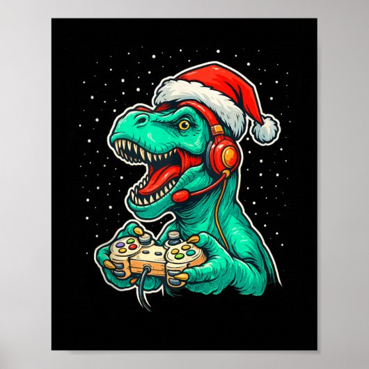 Dinosaur T Rex speelt videogame Santa Hat Christ Poster (Voorkant)