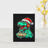 Dinosaur T Rex Speelt Videospel Kerstman Hoed Chri Kaart (Gele Bloem)
