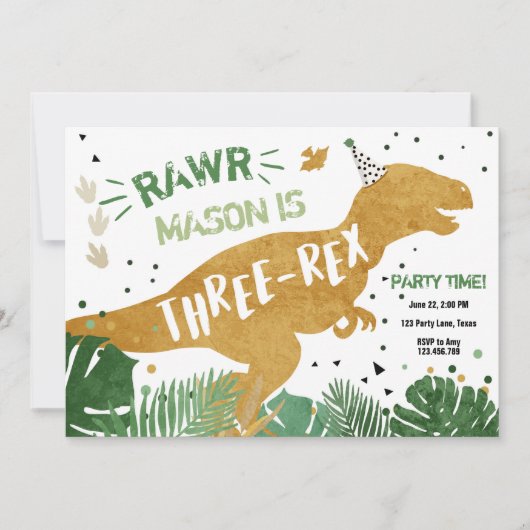 Dinosaur T-Rex Three-Rex RAWR Gold Boy Verjaardag Kaart (Voorkant)