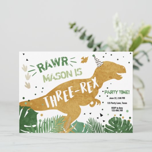 Dinosaur T-Rex Three-Rex RAWR Gold Boy Verjaardag Kaart (Staand voorkant)