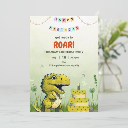 Dinosaur T rex Verjaardag Uitnodiging jongen T-Rex (Staand voorkant)