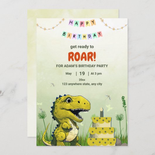 Dinosaur T rex Verjaardag Uitnodiging jongen T-Rex (Voorkant / Achterkant)