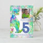 Dinosaur T-Rex Verjaardagsfeest Foto Kaart (Staand voorkant)