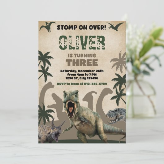 Dinosaur T-Rex Verjaardagsfeest Wilde Dinosaurus Kaart (Staand voorkant)