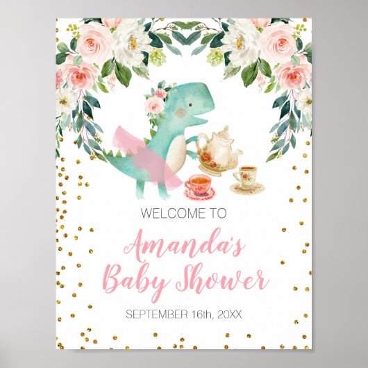 Dinosaur Tea Party Birthday Baby shower Welkom Poster (Voorkant)
