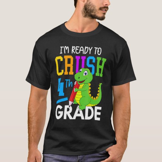Dinosaur terug naar school ben ik klaar om de 4de  t-shirt (Voorkant)