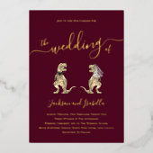 Dinosaur thema Bruiloftsbordeaux en goud Folie Uitnodiging (Voorkant)