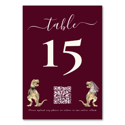 Dinosaur thema Bruiloftsbordeaux QR Code Kaart (Achterkant)