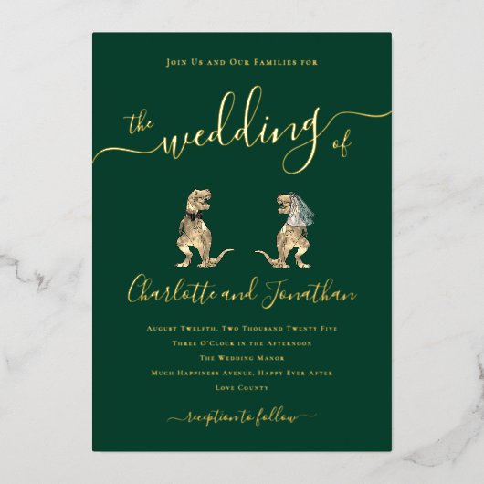 Dinosaur thema Bruiloftsgroen en goud Folie Uitnodiging (Voorkant)