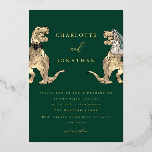 Dinosaur thema Bruiloftsgroen en goud Folie Uitnodiging (Voorkant)