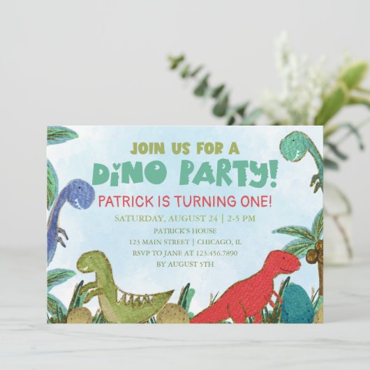Dinosaur-thema Dino Party Birthday Kaart (Staand voorkant)
