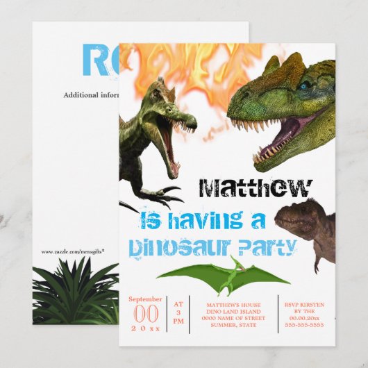 Dinosaur thema verjaardagsfeest t-rex vlammen kaart (Voorkant / Achterkant)