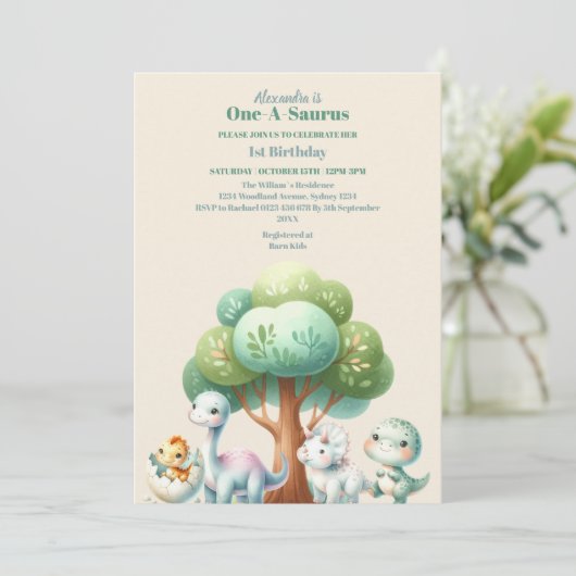 Dinosaur Theme 1st Birthday Party Kaart (Staand voorkant)