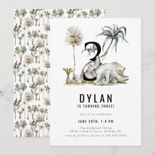 Dinosaur Theme 3rd Birthday Party Kaart (Voorkant / Achterkant)