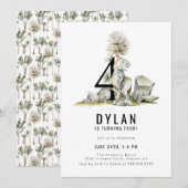 Dinosaur Theme 4th Birthday Party Kaart (Voorkant / Achterkant)