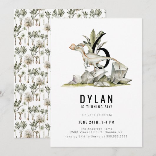 Dinosaur Theme 6th Birthday Party Kaart (Voorkant / Achterkant)