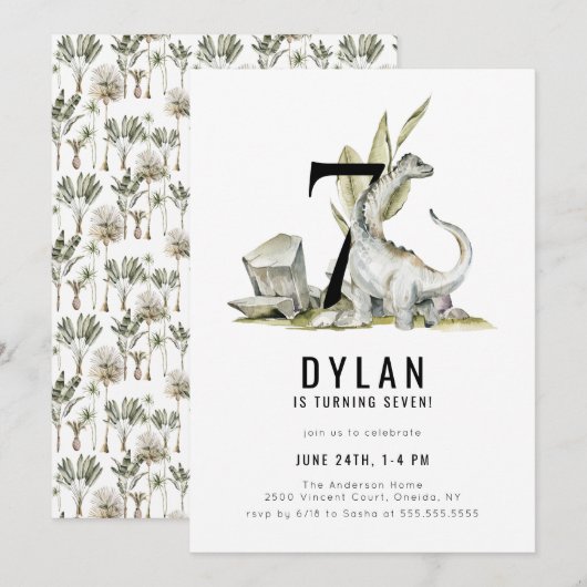 Dinosaur Theme 7th Birthday Party Kaart (Voorkant / Achterkant)