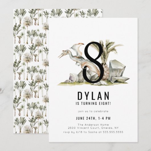 Dinosaur Theme 8th Birthday Party Kaart (Voorkant / Achterkant)