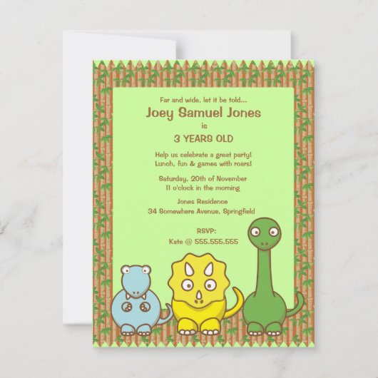 Dinosaur Theme Birthday Party Invitation Kind Kaart (Voorkant)