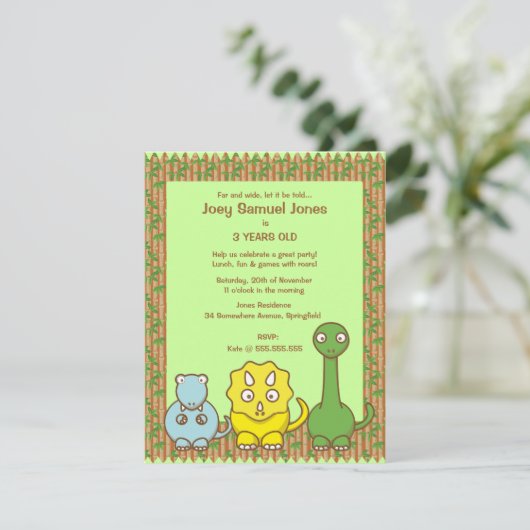 Dinosaur Theme Birthday Party Invitation Kind Kaart (Staand voorkant)
